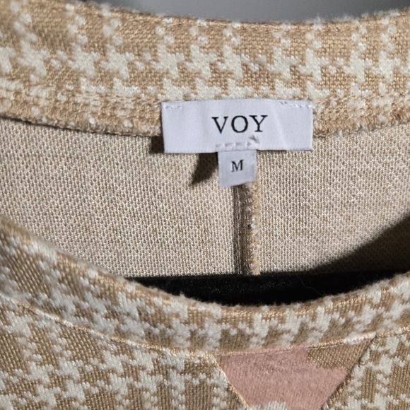 VOY Neutral Houndstooth Puff Sleeve Dress | Rhinestone Shoulder | Size Medium - Picture 7 of 8